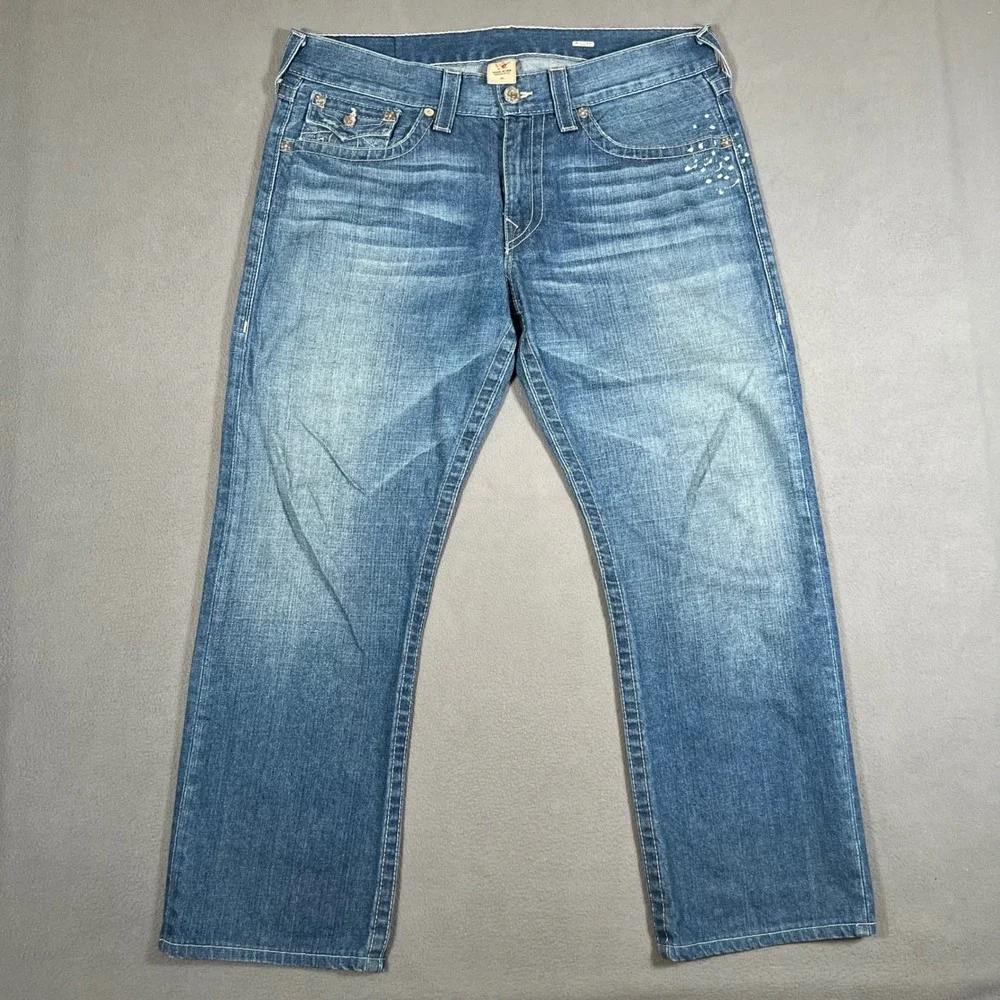 True Religion Jeans Mens Size 36 Straight Leg Denim Blue Made in USA Flap Pocket